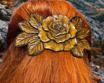 Pasador para el pelo de cuero repujado estilo vintage con forma de rosa
