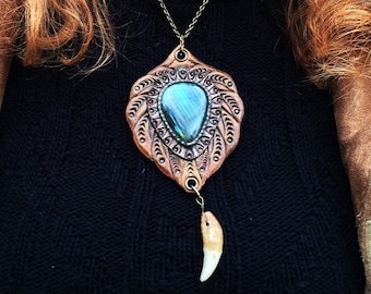 Fantasy tooled leather pendant with amazing blue labradorite cabochon, wolf fang and bronze chain - Tribal hand tooled leather jewelry