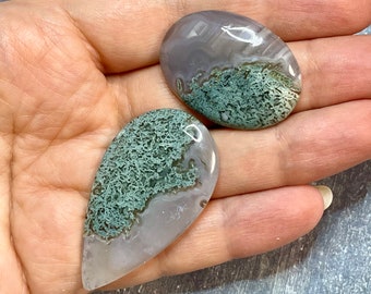 Pair of moss agate cabochons - Beading, macrame, soutache, wire wrapping, silversmithing, leather craft supply
