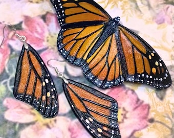 Pasador para el pelo y pendientes de mariposa monarca de cuero hechos a mano