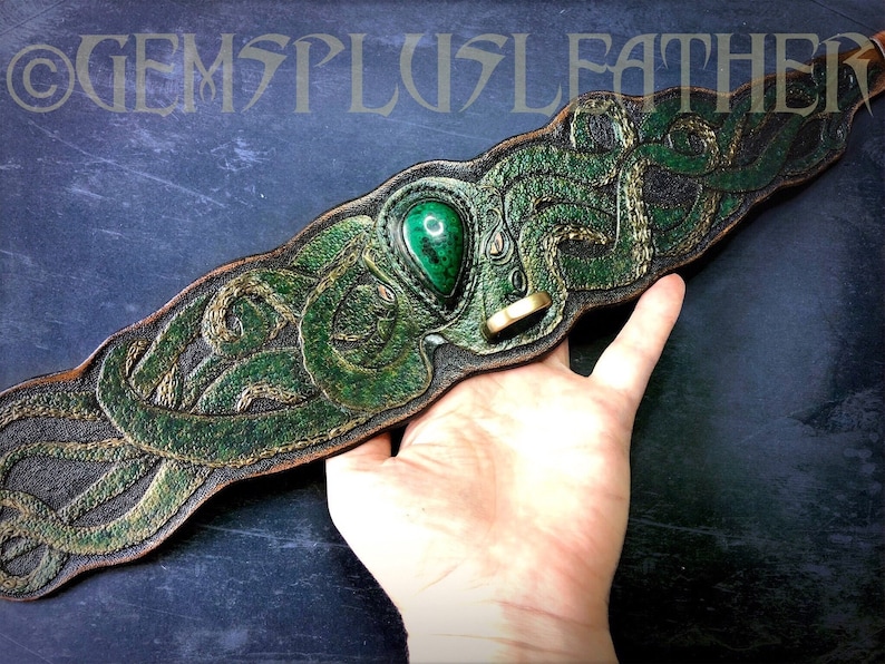 Hand tooled and hand painted leather dog collar with malachite octopus Stylish artisan accessories by Gemsplusleather image 1