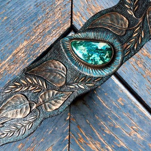 Hand Tooled Leather Cuff Bracelet: Chrysocolla Stone, Antique Bronze Style
