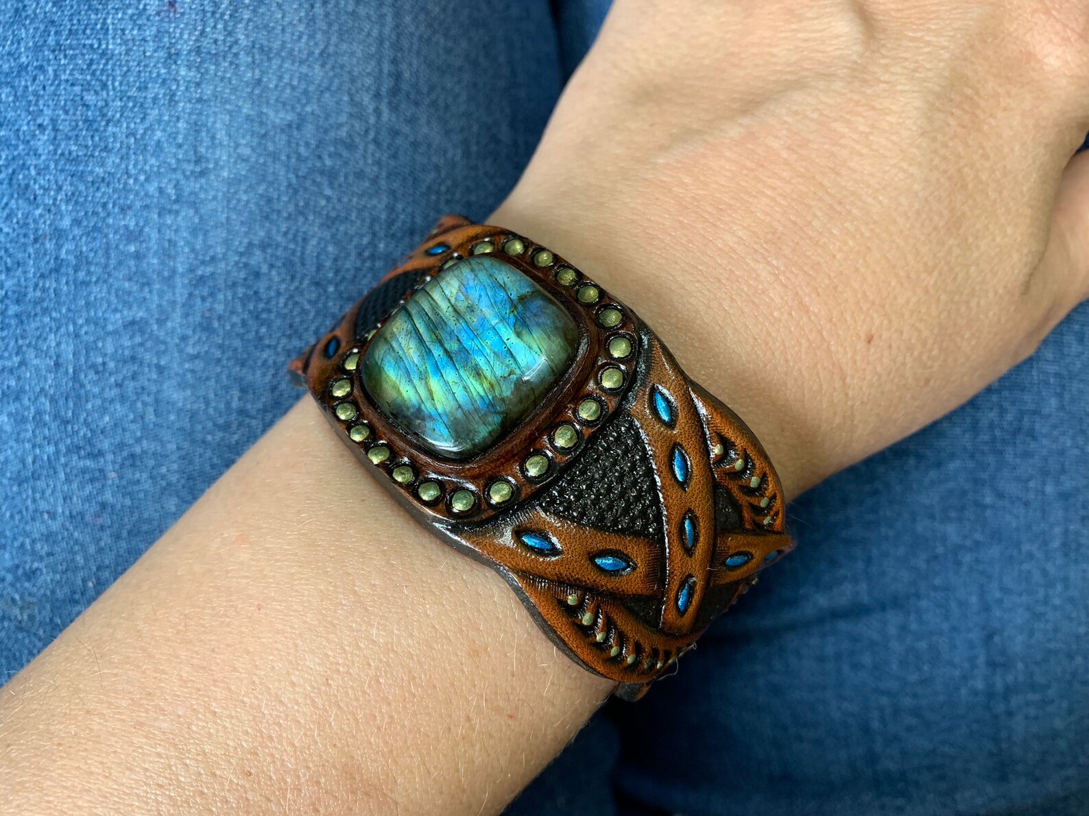 Blue labradorite cuff bracelet Hand tooled leather cuff Etsy