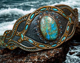 Tooled Leather Boho Bracelet with Chrysocolla - Artisan Unisex Jewelry
