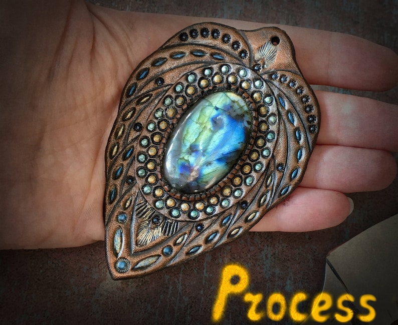 Gift for her Hand painted leather jewelry Tooled leather pendant with blue labradorite and chain