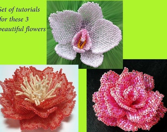 Set of beading tutorials - Rose, peony, orchid peyote tutorials - artisan beaded flowers photo tutorials / patterns