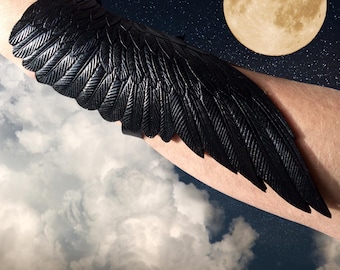Hand Tooled Leather Raven Wing Bracer: Silver Sheen Arm Guard