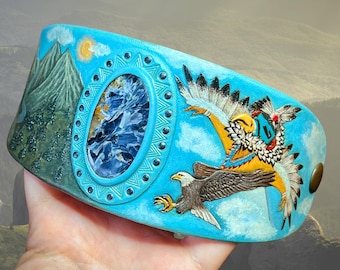 Brazalete de cuero hecho a mano: águila calva, kachina y pietersita