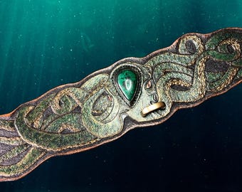 Hand Tooled Leather Dog Collar: Malachite Octopus, Artisan Pet Accessory