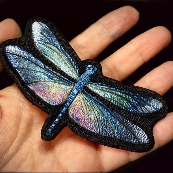 Blue dragonfly tooled leather hair barrette  - Artisan hair barrette - Original gift for her - Iridescent fantasy dragonfly  hair clip