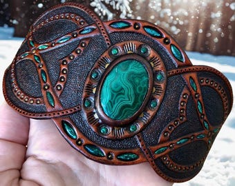 Hand Tooled Leather Cuff Bracelet: Boho Jewelry with Malachite Cabochon