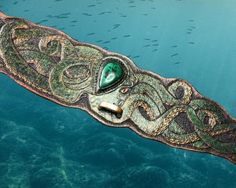 Collar de cuero para perro hecho a mano: Pulpo de malaquita, accesorio artesanal para mascotas