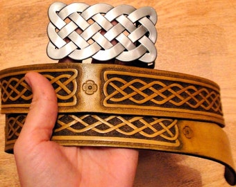 Hand tooled leather Celtic knot belt - Hand carved custom made belt with Celtic buckle - gift for ages