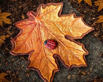 Hand Tooled Leather Autumn Maple Leaf Brooch with Ladybug