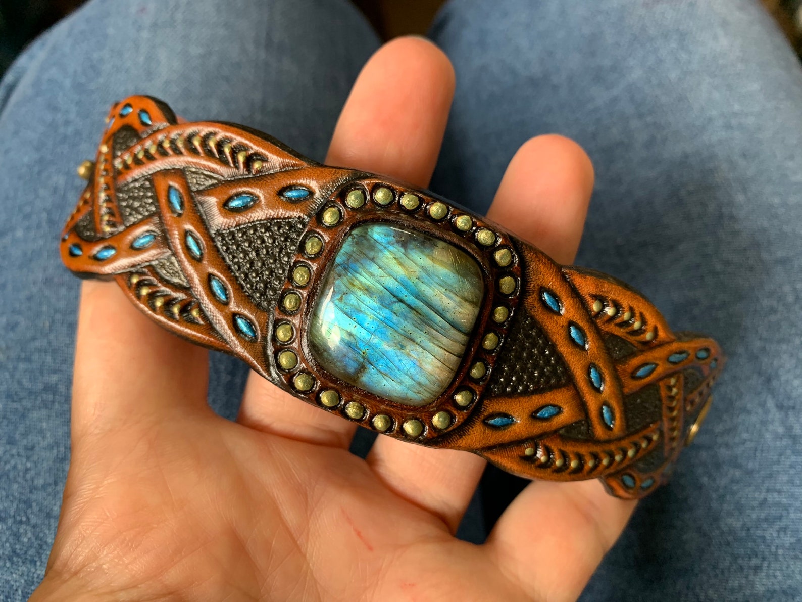 Blue labradorite cuff bracelet Hand tooled leather cuff Etsy