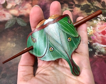 Tooled leather Luna moth shawl pin or ponytail cuff with stick - Lifelike moth hairpin or accessory for scarf - Exclusive gift for her