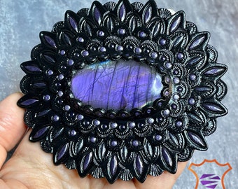 Hand tooled leather concho with purple labradorite - Natural gemstone accessory - Gemstone for a bag - Bag accessory - Bag maker’s supply