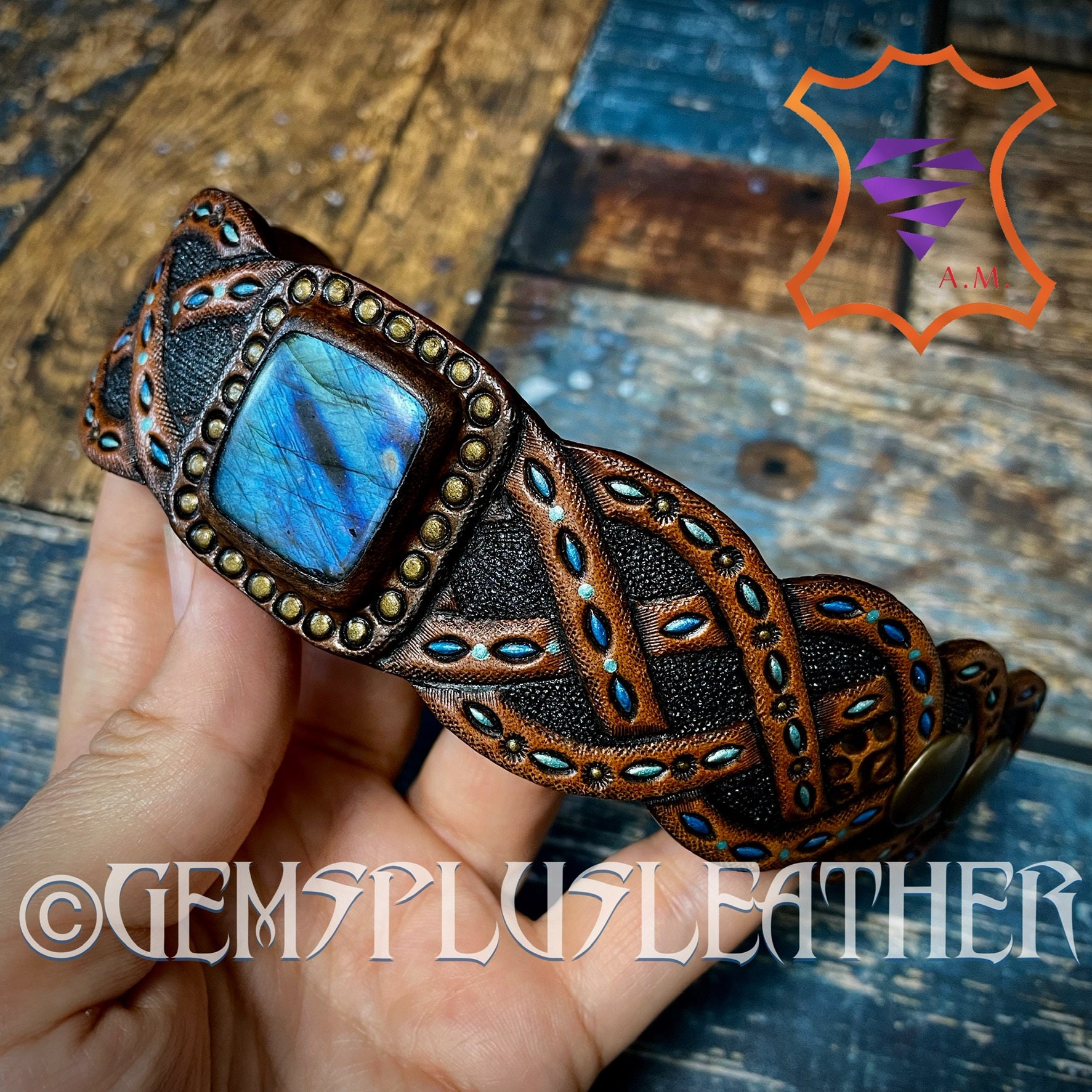 Blue Labradorite Cuff Bracelet Hand Tooled Leather Cuff Etsy UK