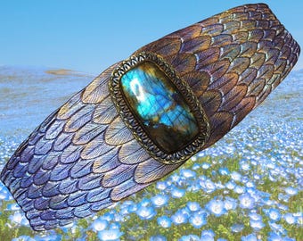 Tooled Leather Cuff Bracelet: Blue Labradorite, Iridescent Sheen, Artisan Jewelry