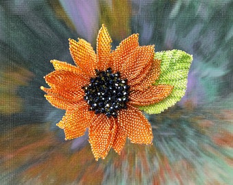 Pattern & tutorial for beaded sunflower with the leaf - beading schema