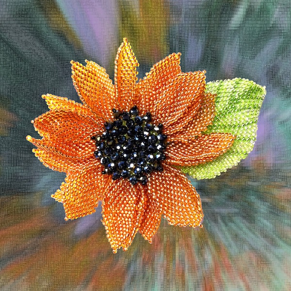 Pattern & tutorial for beaded sunflower with the leaf - beading schema