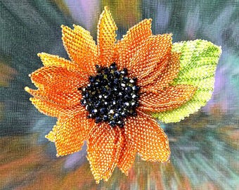 Pattern & tutorial for beaded sunflower with the leaf - beading schema
