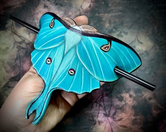 Tooled leather Luna moth shawl pin or ponytail cuff with stick - Tiffany blue moth hairpin or accessory for scarf - Exclusive gift for her