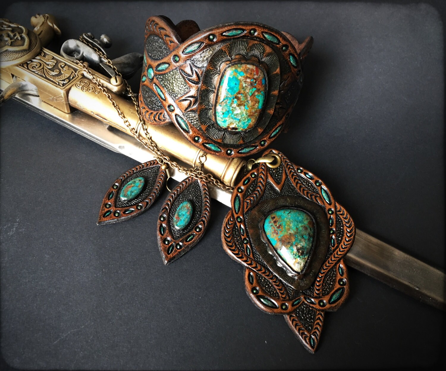 Tooled leather jewellery set with chrysocolla cabochons & Etsy