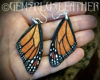 Hand tooled leather life-like iridescent monarch butterfly wings earrings with sterling silver hooks - Autumn butterfly earrings