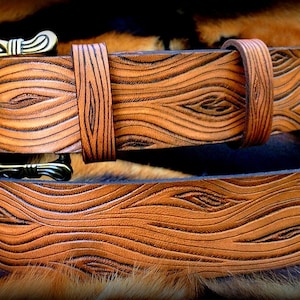 Wooden look leather belt - hand tooled leather belt with Celtic buckle - Stylish gift for ages