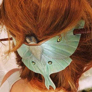 Tooled leather Luna moth hair barrette with stick - Artisan hair barrette - Original gift for her
