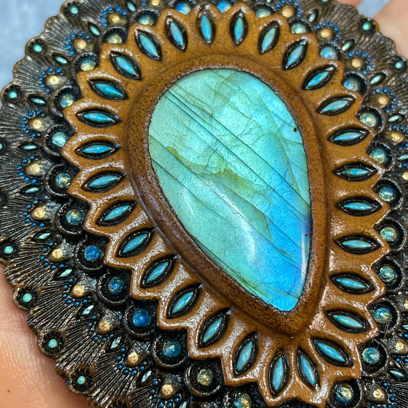 Hand Tooled Leather Concho With Blue Labradorite Natural Etsy