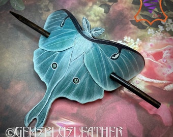 Tooled leather Luna moth hair barrette with stick - Artisan hair barrette - Original gift for her - Life like moon moth