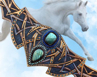Exclusive tooled leather fantasy horse browband with labradorite cabochons - Stylish artisan accessories by Gemsplusleather