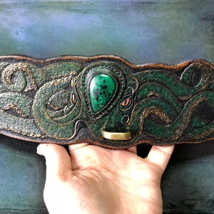 Hand tooled and hand painted leather dog collar with malachite octopus Stylish artisan accessories by Gemsplusleather image 9