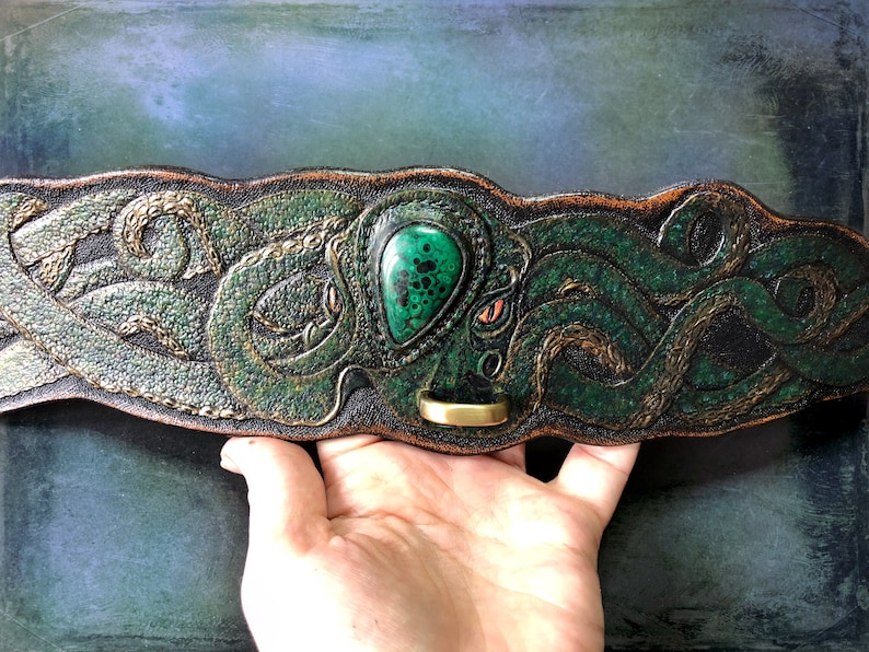 Hand tooled and hand painted leather dog collar with malachite octopus Stylish artisan accessories by Gemsplusleather image 9