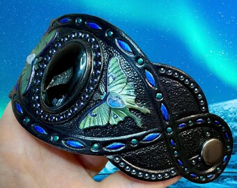 Hand Tooled Leather Cuff Bracelet: Onyx Druzy, Moonstone Luna Moths
