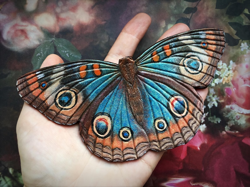 Tooled leather buckeye butterfly hair barrette with stick Artisan hair barrette Original gift for her