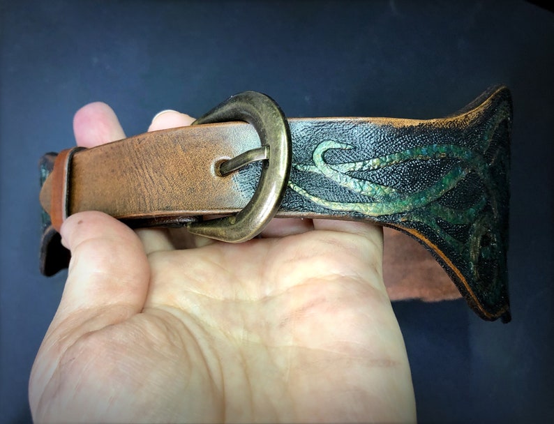 Hand tooled and hand painted leather dog collar with malachite octopus Stylish artisan accessories by Gemsplusleather image 7