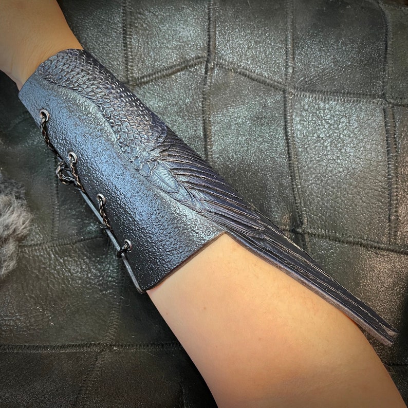 Tooled leather raven wing cosplay bracer Tooled leather bracelet / gauntlet for cosplay, LARP Artisan accessories by GemsPlusLeather image 5