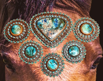 Tooled Leather Horse Tack Conchos with Shattuckite