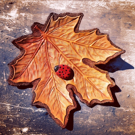 Hand Tooled Leather Maple Leaf & Ladybug Pin Brooch Autumn Design