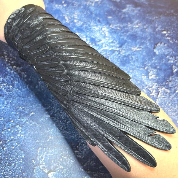 Tooled Leather Raven Wing Bracer: Hand-Painted Cosplay Gauntlet