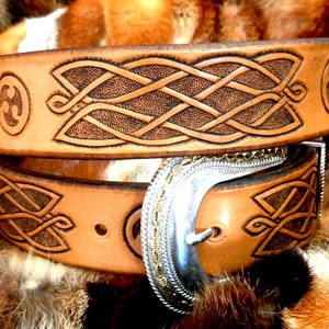 Hand tooled leather belt with Celtic ornament Hand carved leather gift for him Exclusive gift for ages image 1