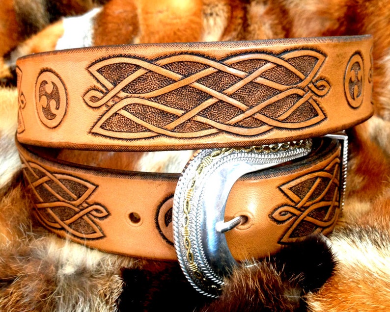 Hand tooled leather belt with Celtic ornament Hand carved leather gift for him Exclusive gift for ages image 1