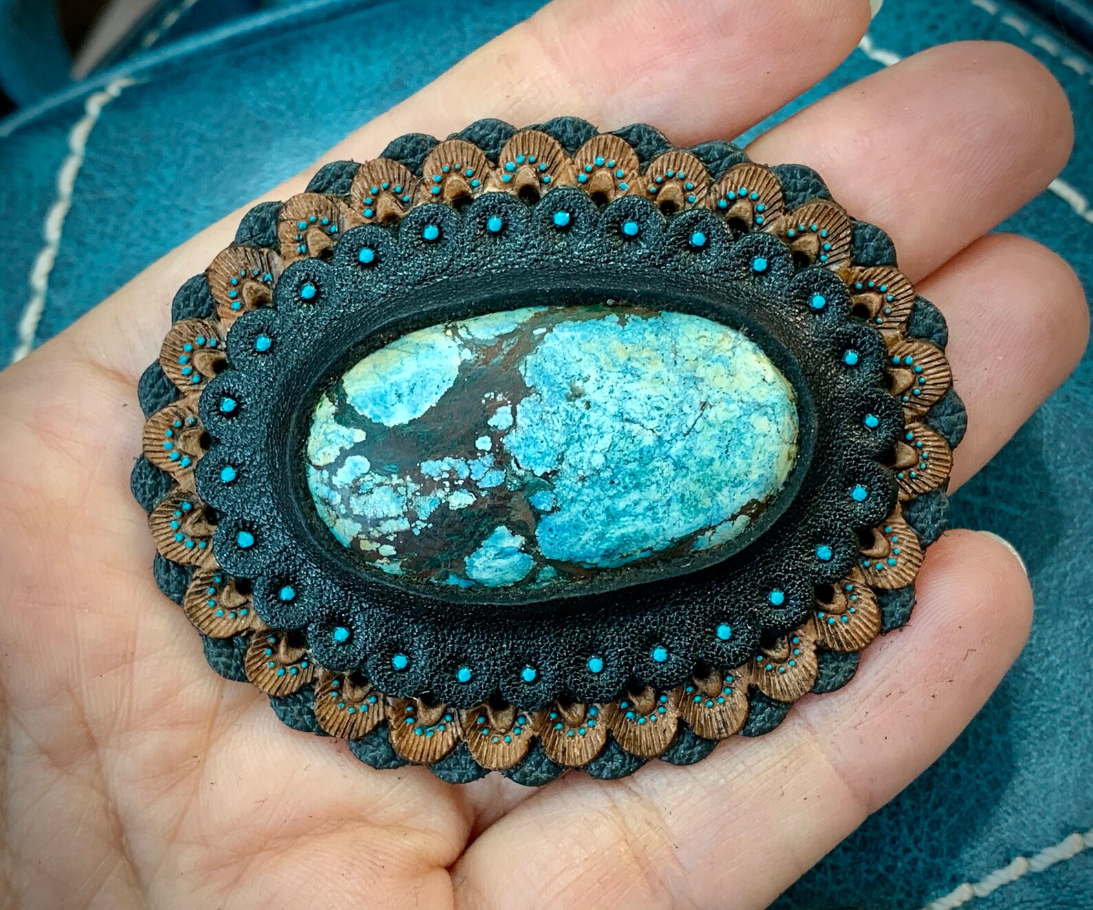 Hand tooled leather conchos with gemstones Natural gemstone Etsy