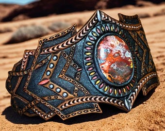 Brazalete de cuero repujado con ágata de encaje loco