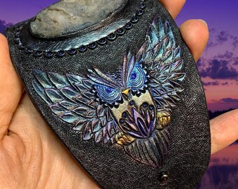 Hand Tooled Leather Cuff Bracelet with Rainbow Owl & Chalcedony Druzy