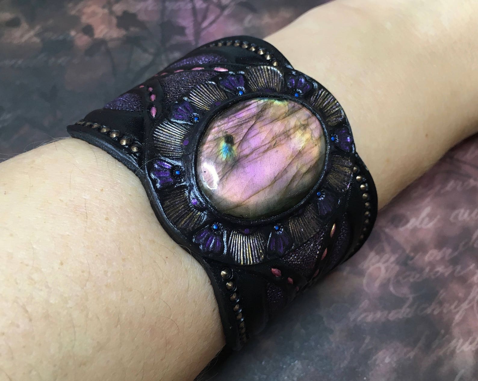 Purple Labradorite Cuff Bracelet Hand Tooled Leather Cuff Etsy