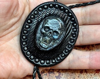 Tooled Leather Bolo Tie / Concho with Turquoise Skull in Black Snakeskin - Cowboy Gothica